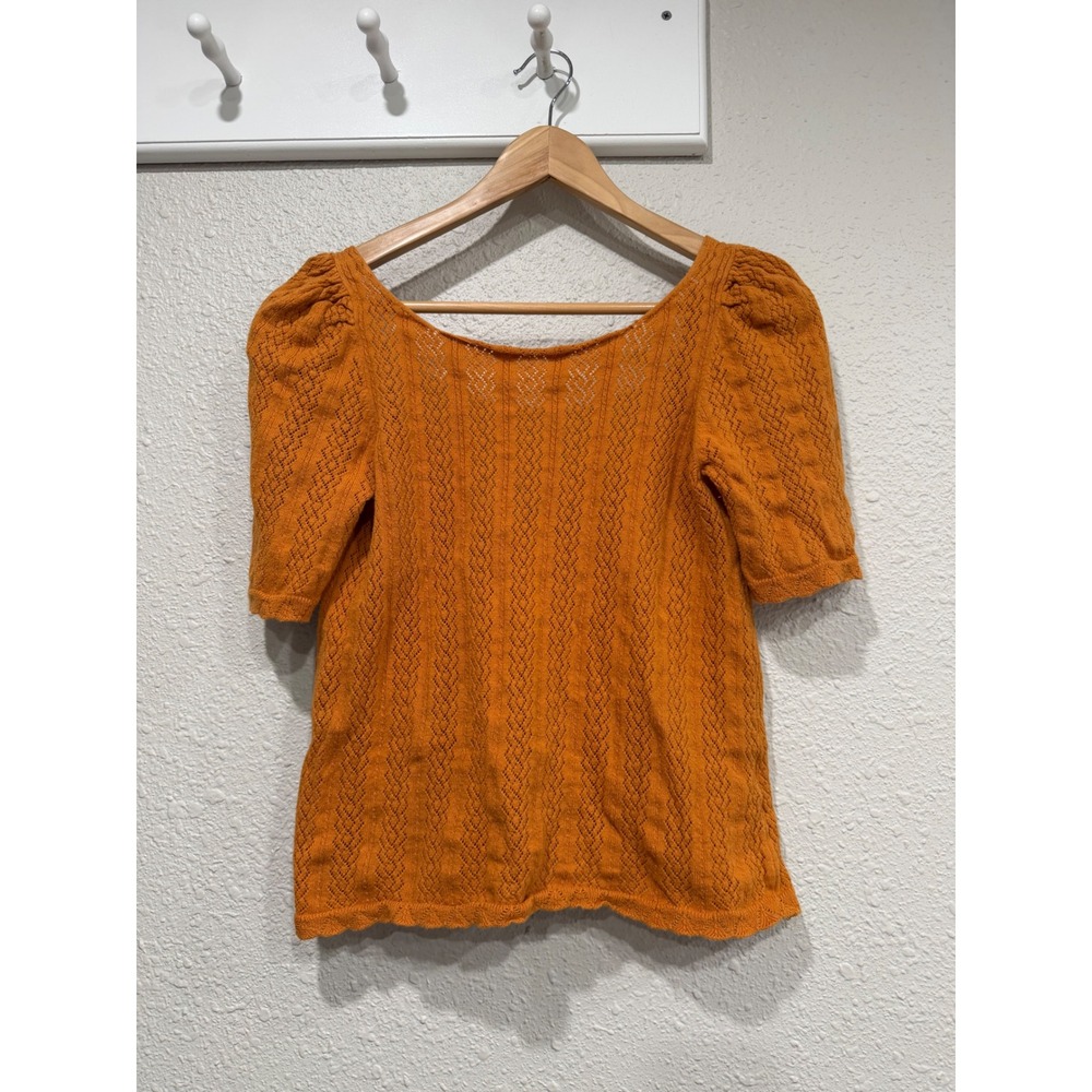 Sezane Amael Jumper Ocre M Pointelle Puff Sleeve Scoop Back Knit Top French Girl